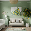 Bright Green Living Room with Lemon Tree and Cozy Sofa Decor