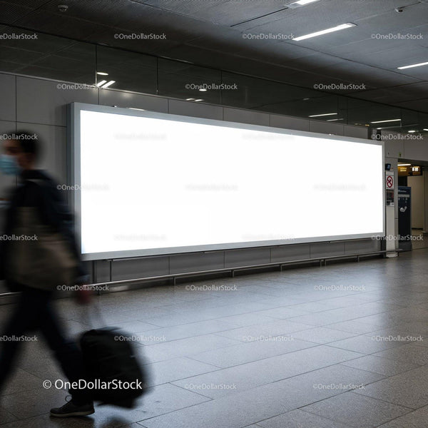 Traveler walking past large blank airport billboard JPG Mockup Image