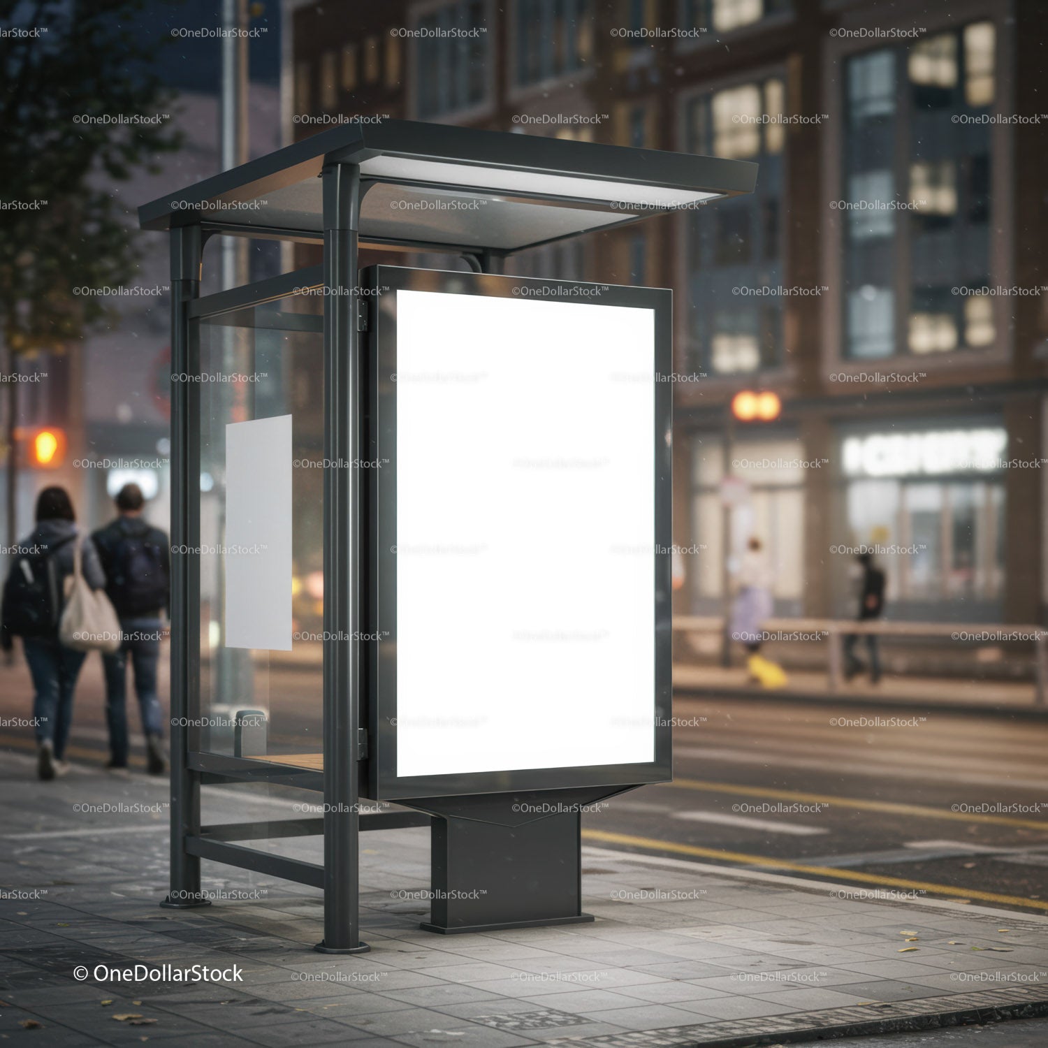 Empty illuminated bus stop billboard at urban night