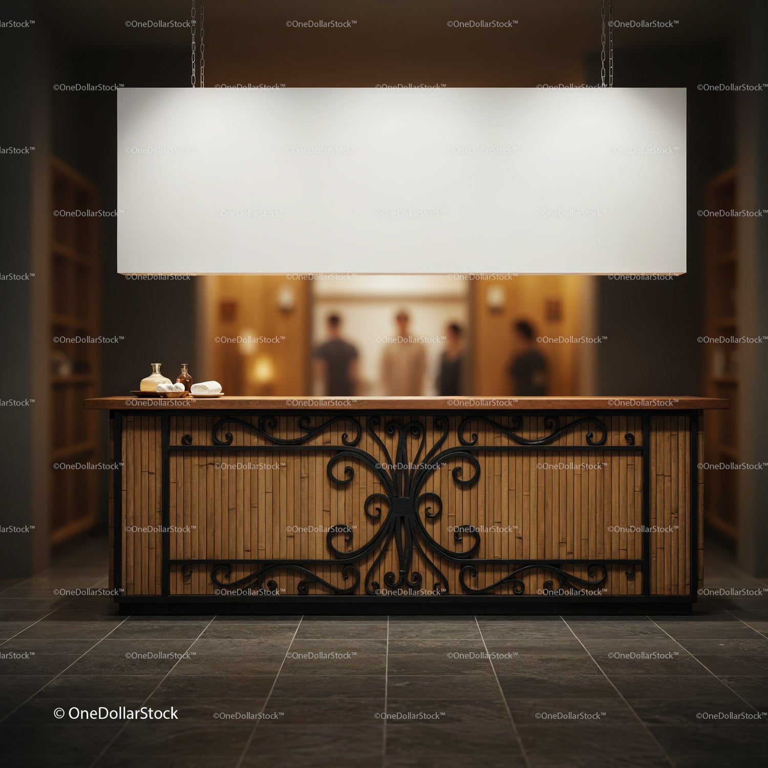 Elegant wooden reception desk with decorative ironwork