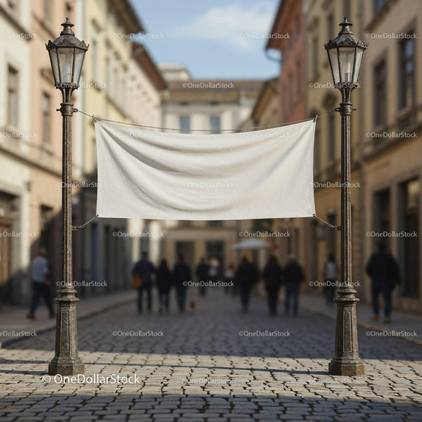 Blank banner hanging between vintage street lamps in city JPG Mockup Image