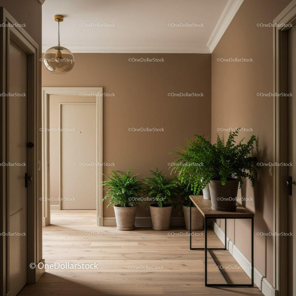 Cozy Modern Hallway with Potted Ferns and Wood Flooring