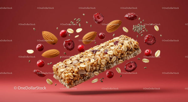 Nutty granola bar with cranberries and seeds floating