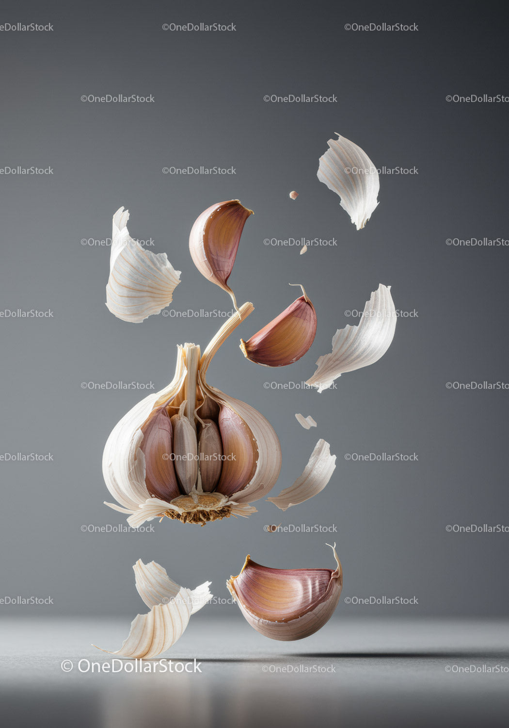 Floating Garlic Cloves and Peels in Midair Composition