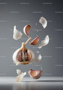 Floating Garlic Cloves and Peels in Midair Composition