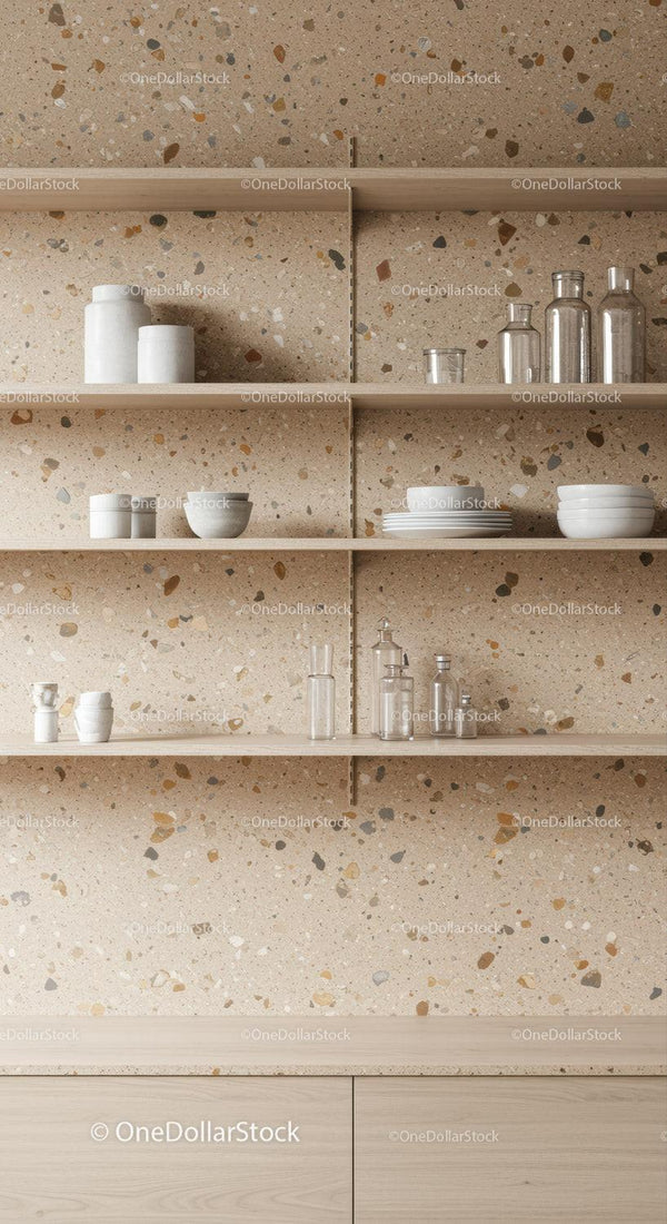 Modern Kitchen Shelves with Glass Jars and White Dishes for Stylish Storage