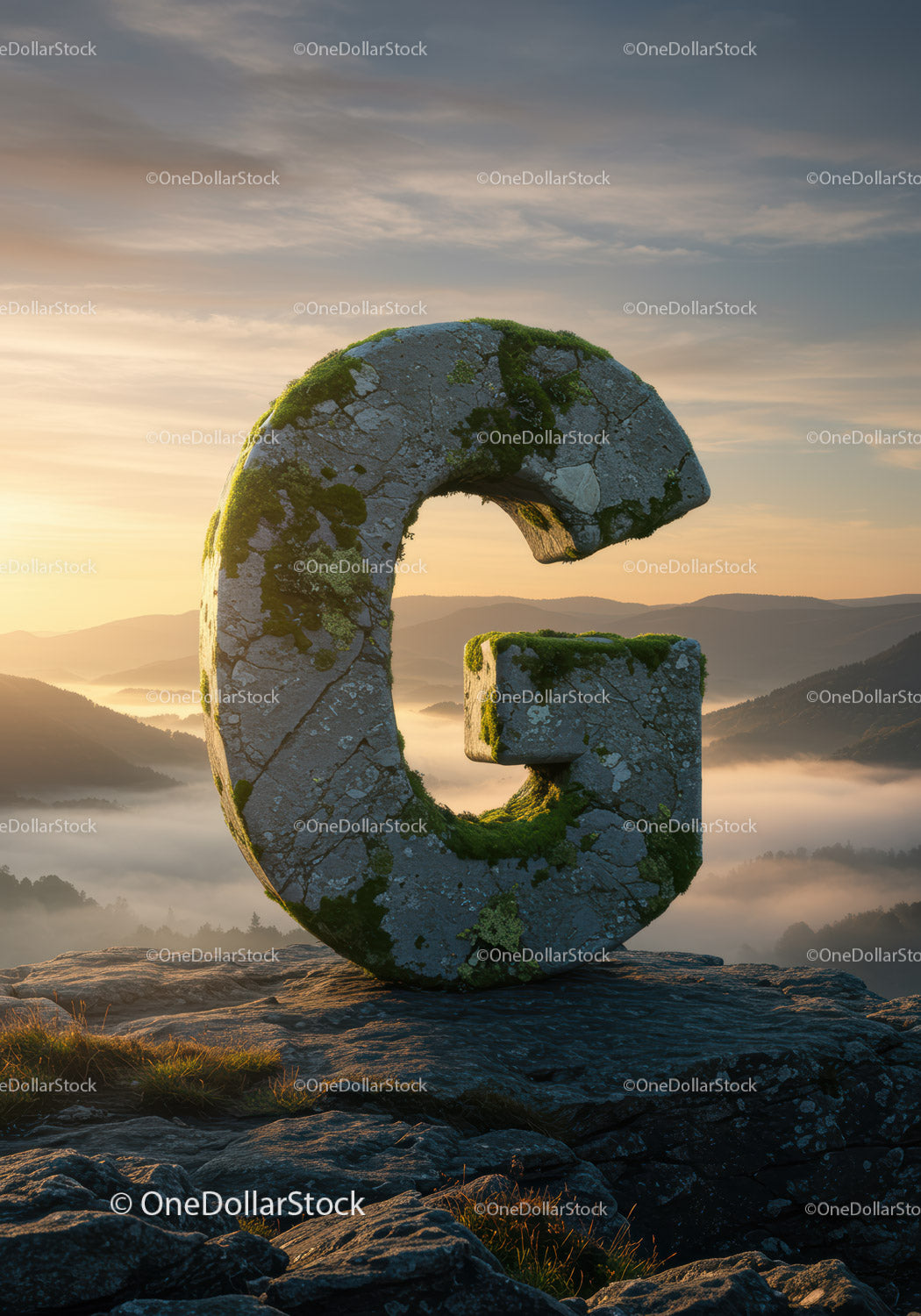 Moss Covered Stone Letter G on Mountain Peak at Sunrise