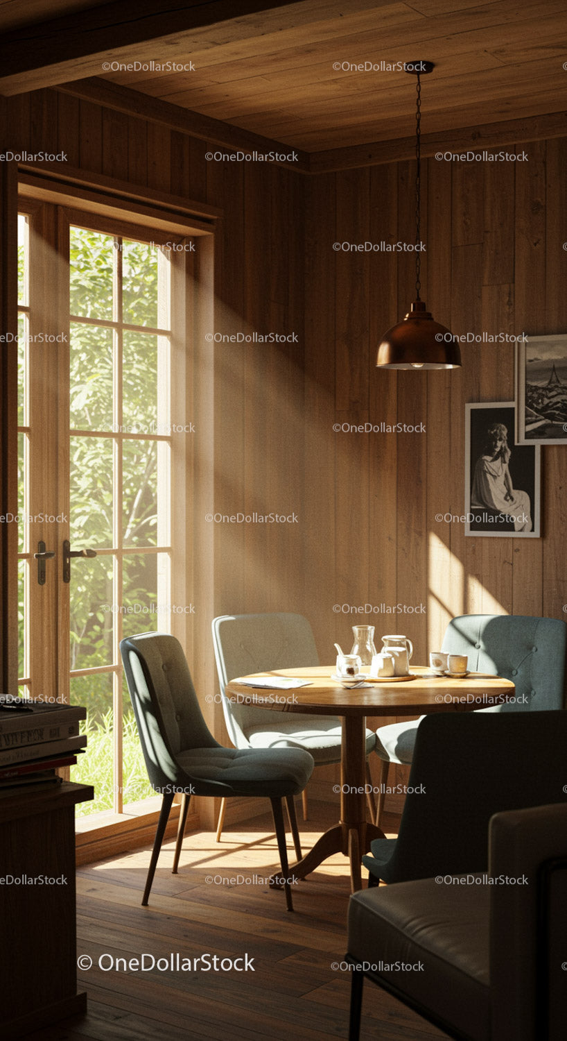 Cozy Wooden Dining Area with Sunlight Streaming In