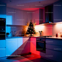 Modern kitchen with festive decorated Christmas tree