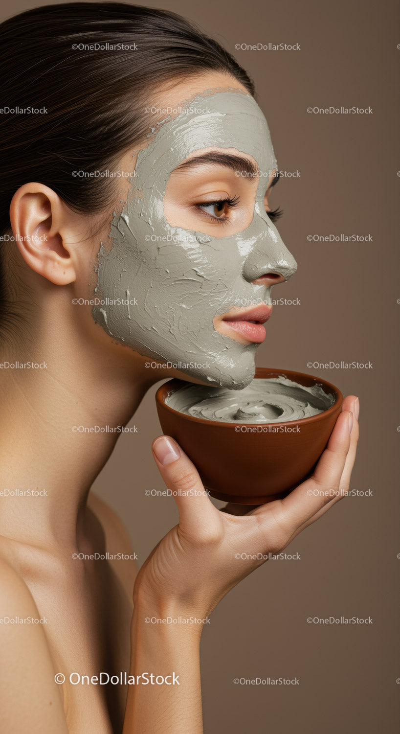Woman Applying Clay Facial Mask for Skincare Routine and Relaxation
