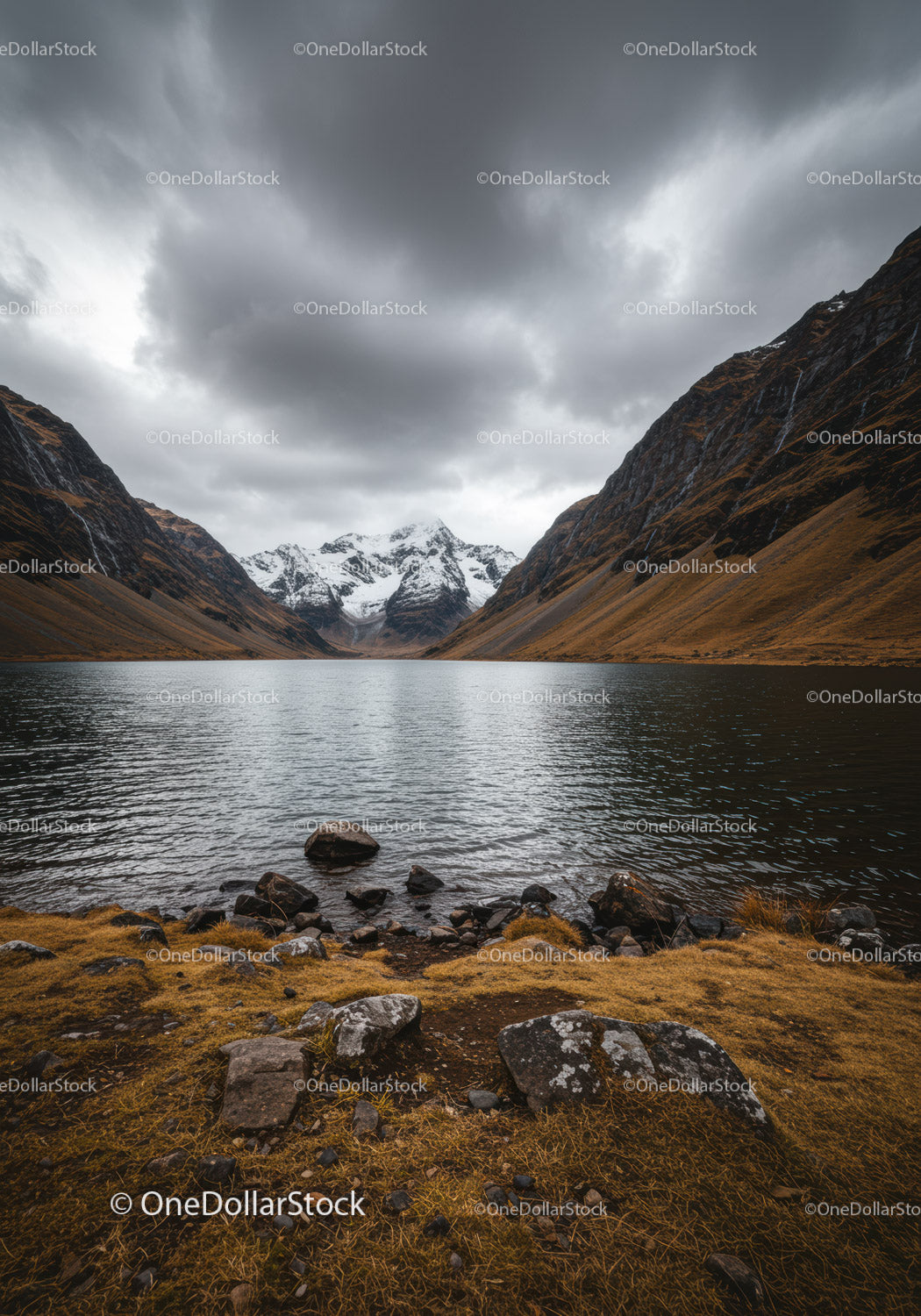 Majestic Mountain Lake with Snow-Capped Peaks and Dramatic Clouds