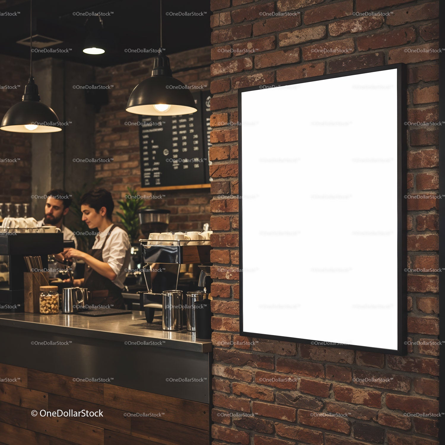 Baristas preparing coffee in cozy brick wall cafe