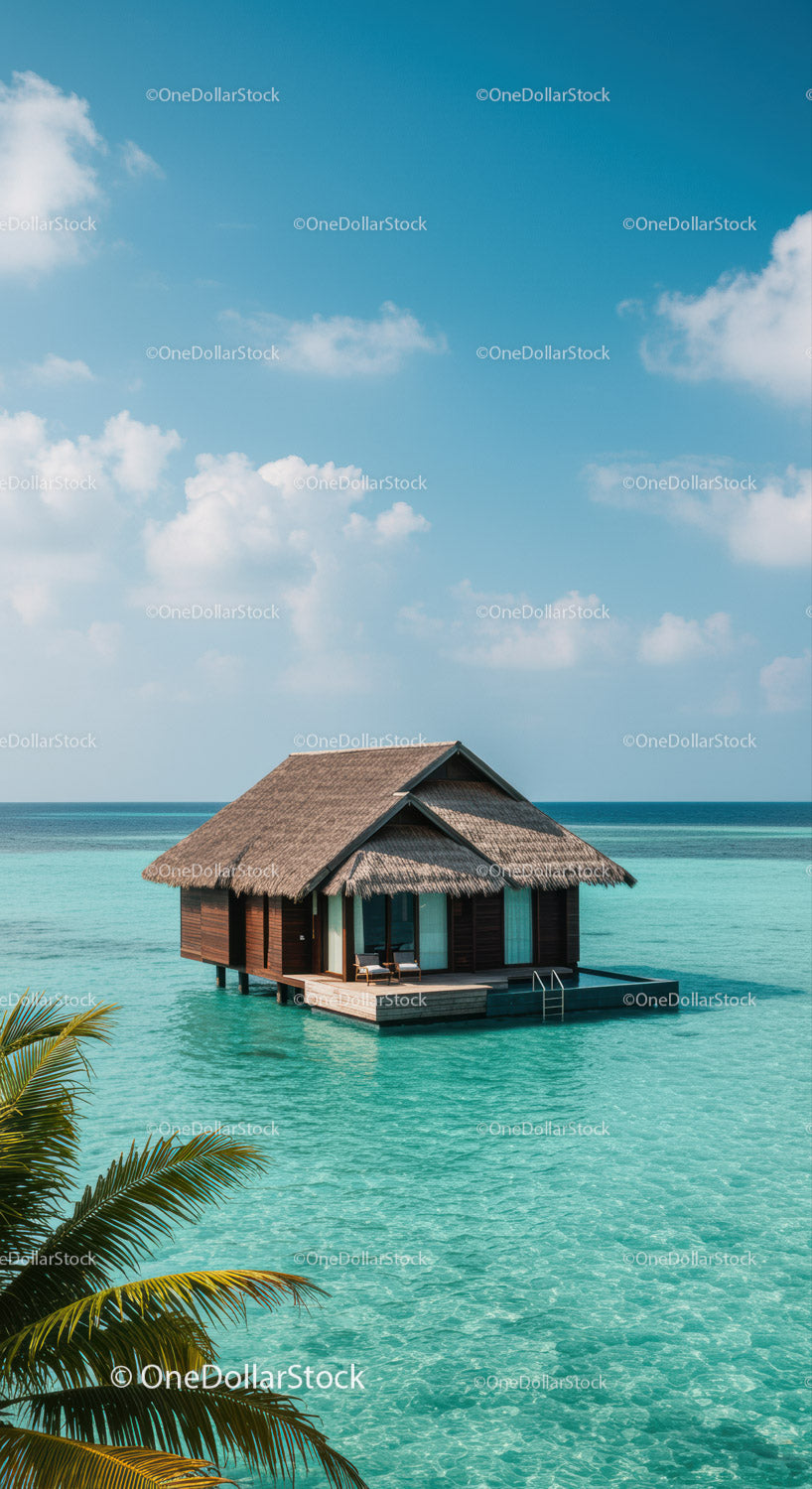 Overwater Bungalow with Turquoise Water and Clear Sky