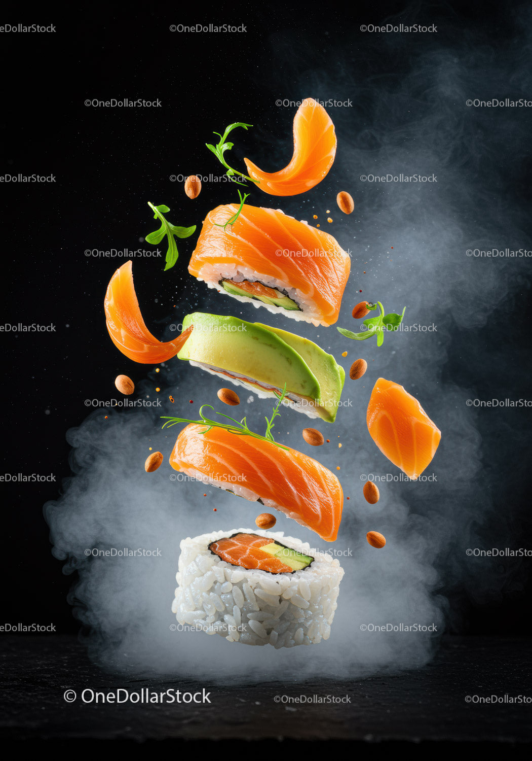 Deconstructed sushi roll with fresh salmon and avocado
