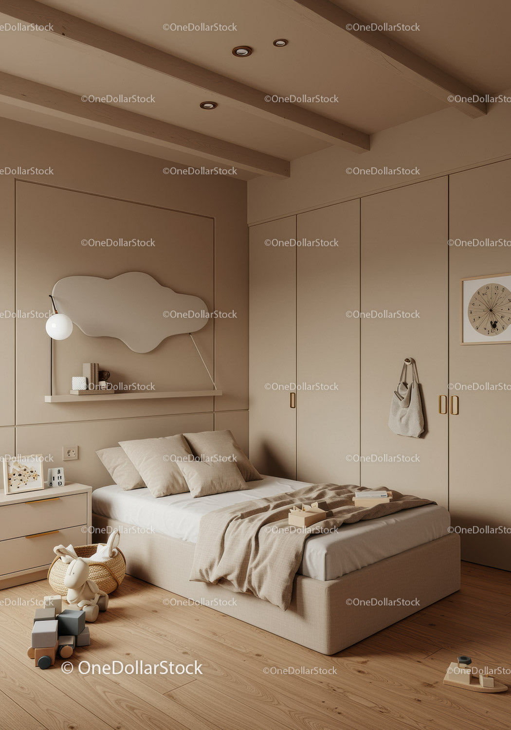 Contemporary Beige Bedroom with Soft Linen and Wooden Flooring