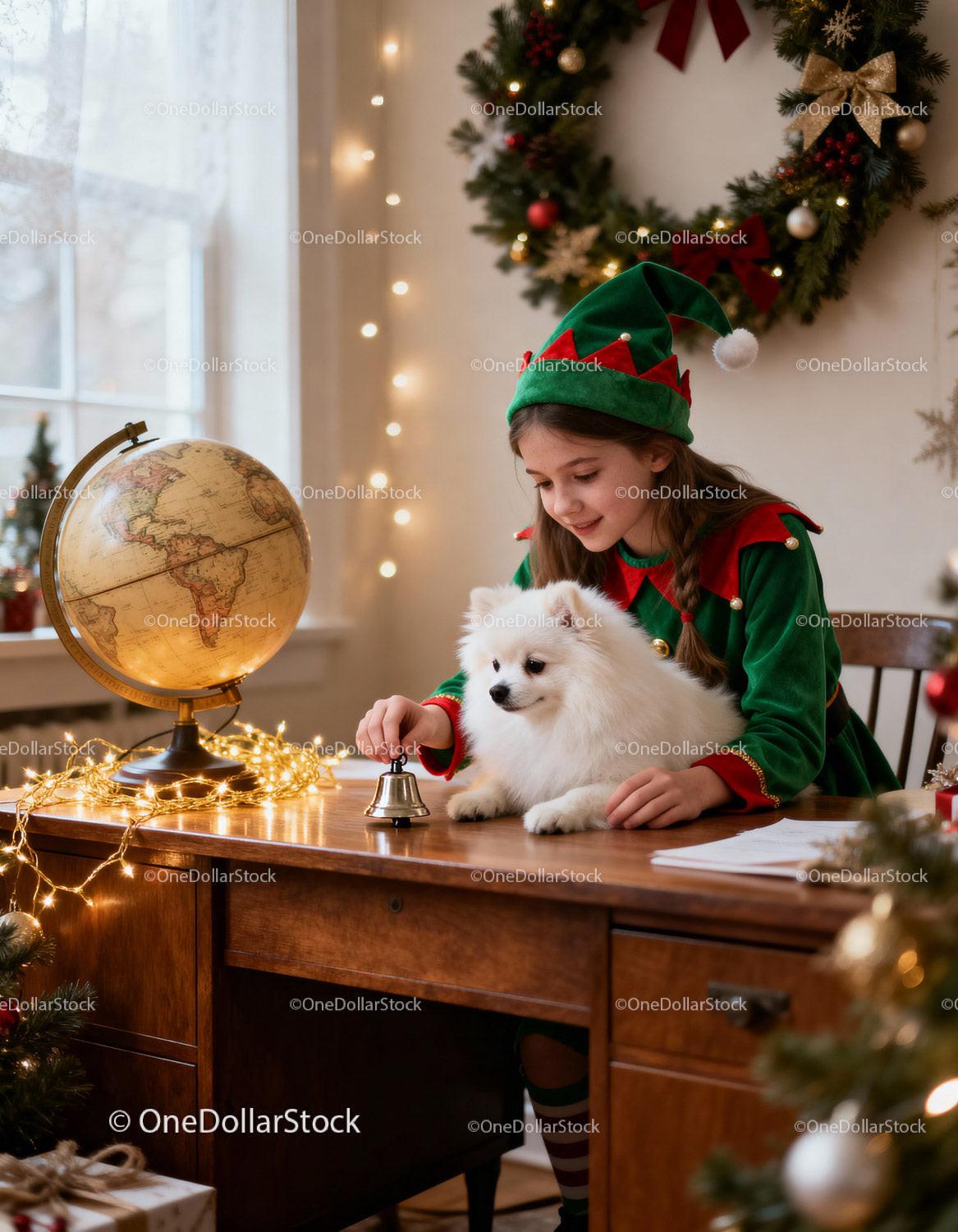 Girl in Elf Costume Playing with Dog by Christmas Desk