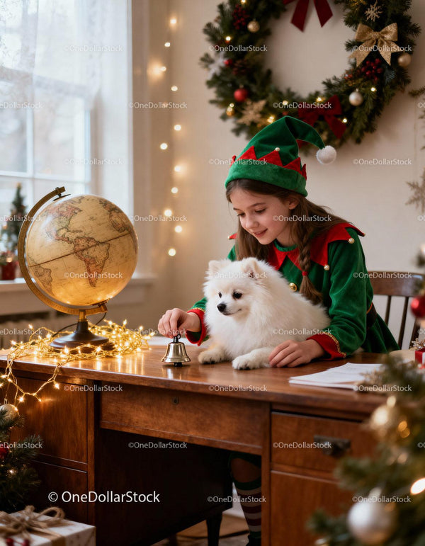Girl in Elf Costume Playing with Dog by Christmas Desk