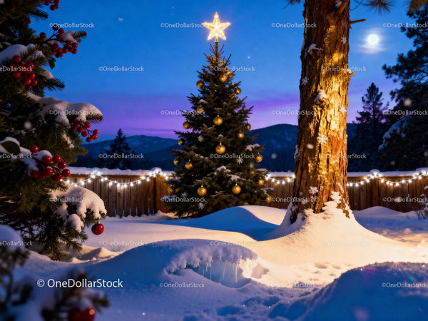 Snowy Christmas tree glowing under full moon night