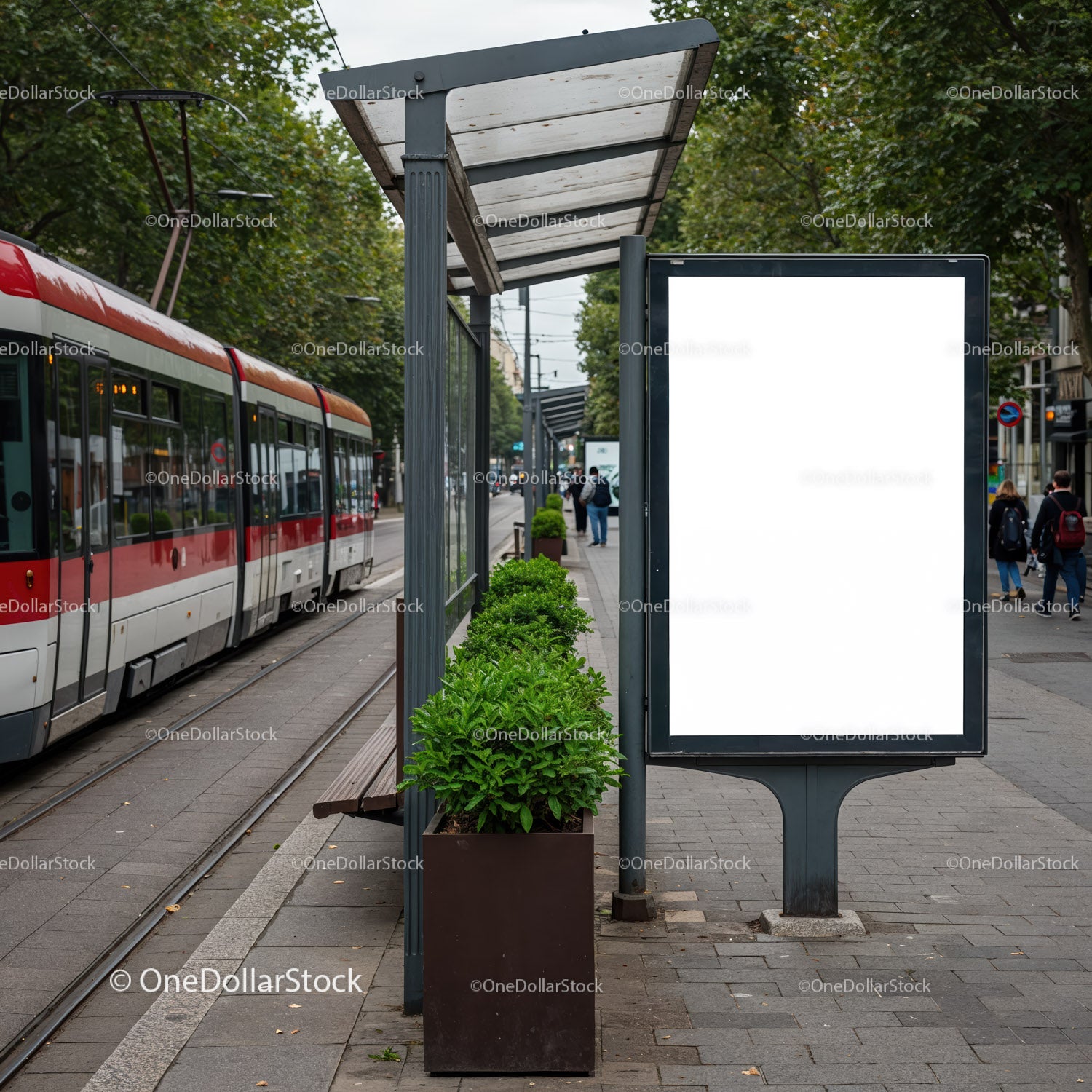 Modern tram stop with blank advertising billboard in city