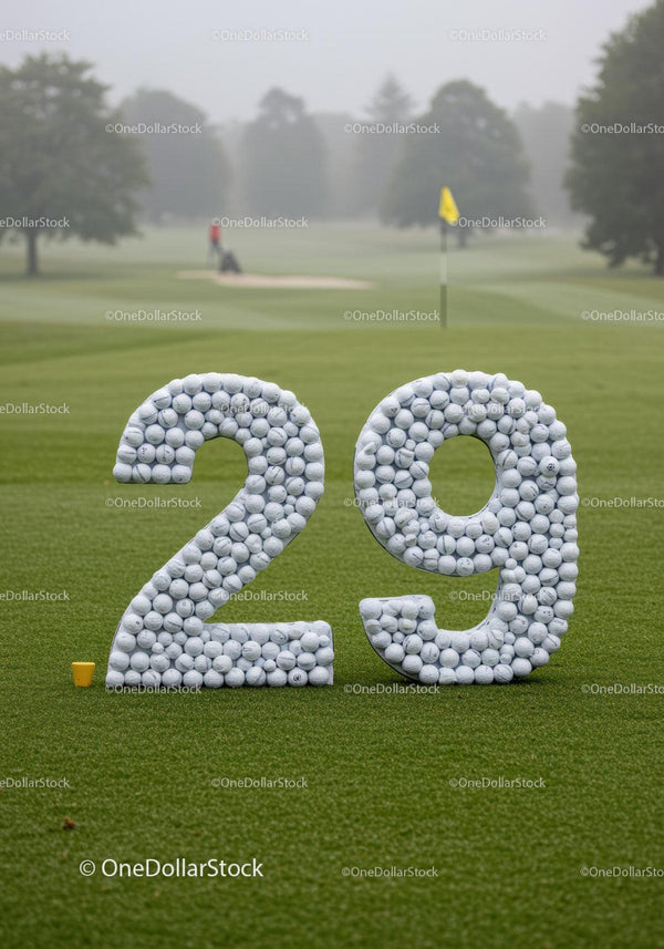 Numer 29 zrobiony z piłek golfowych na zielonym polu golfowym