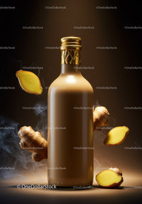 Golden bottle with fresh and sliced ginger roots