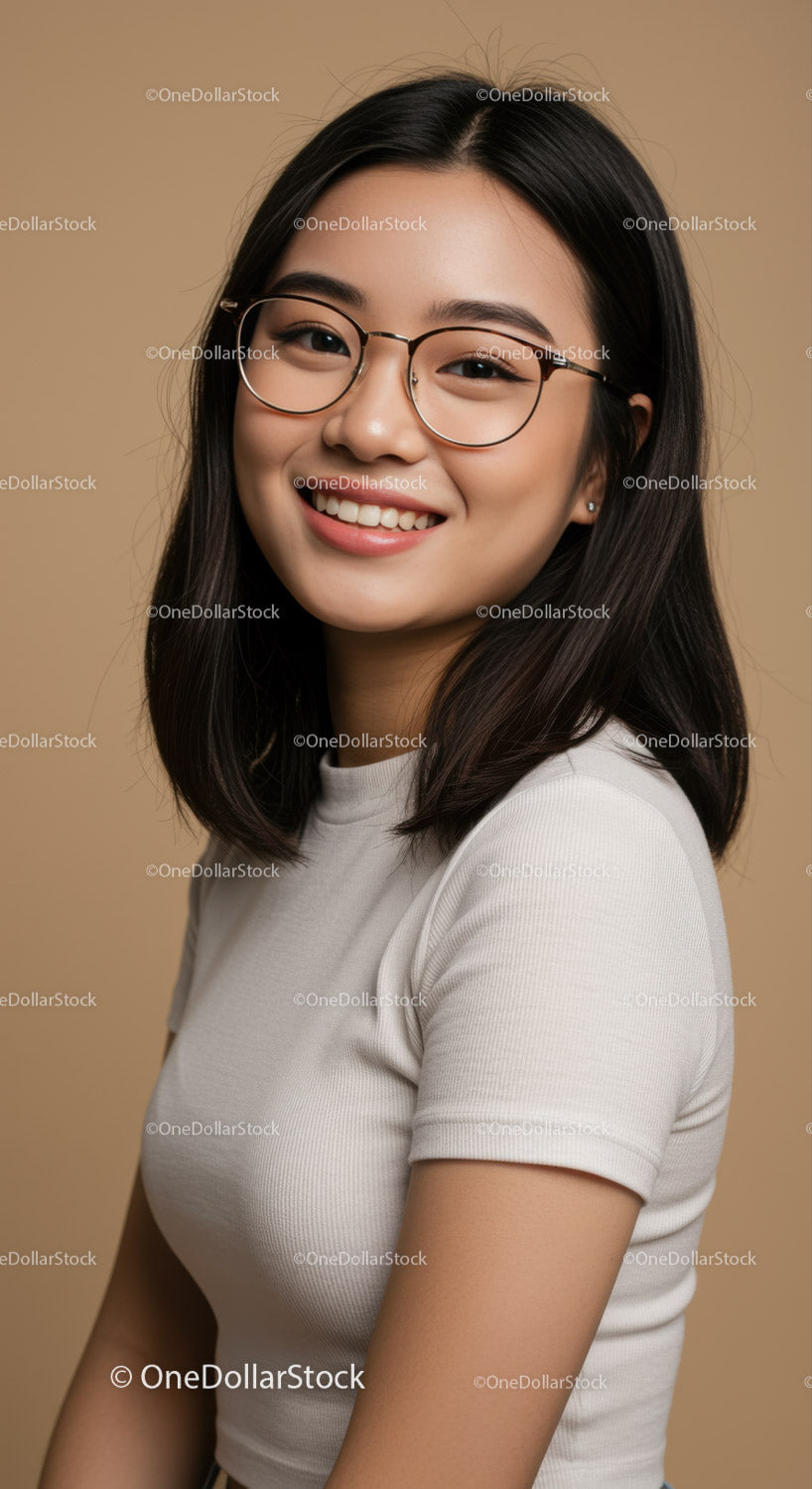 Portrait of a Young Woman with Glasses Smiling in Studio Setting