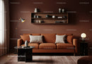 Cozy living room with brown leather sofa and modern decor