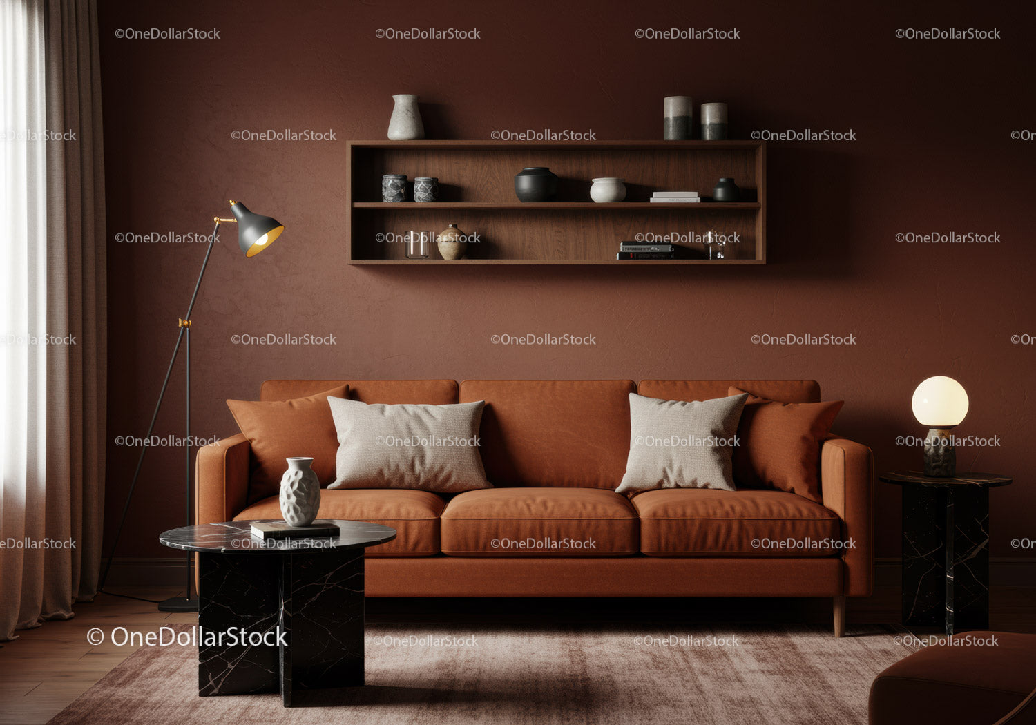 Przytulny salon z brązową skórzaną sofą i nowoczesnym wystrojem