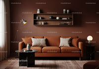 Cozy living room with brown leather sofa and modern decor