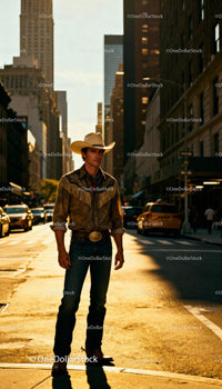 Cowboy standing confidently on sunny city street