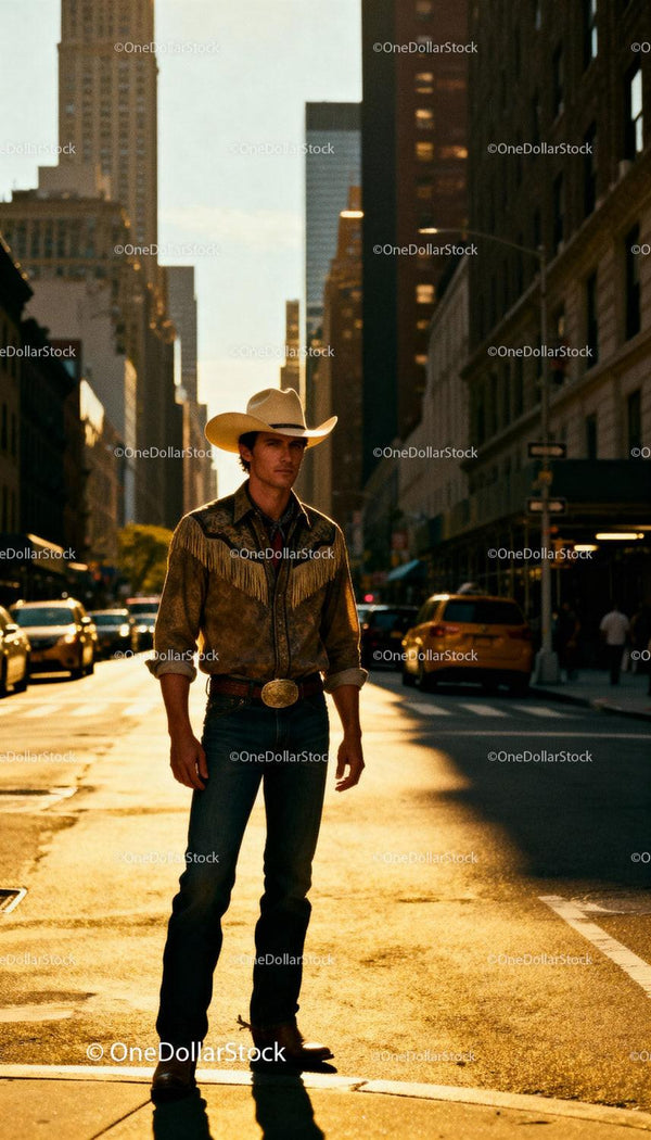 Cowboy standing confidently on sunny city street
