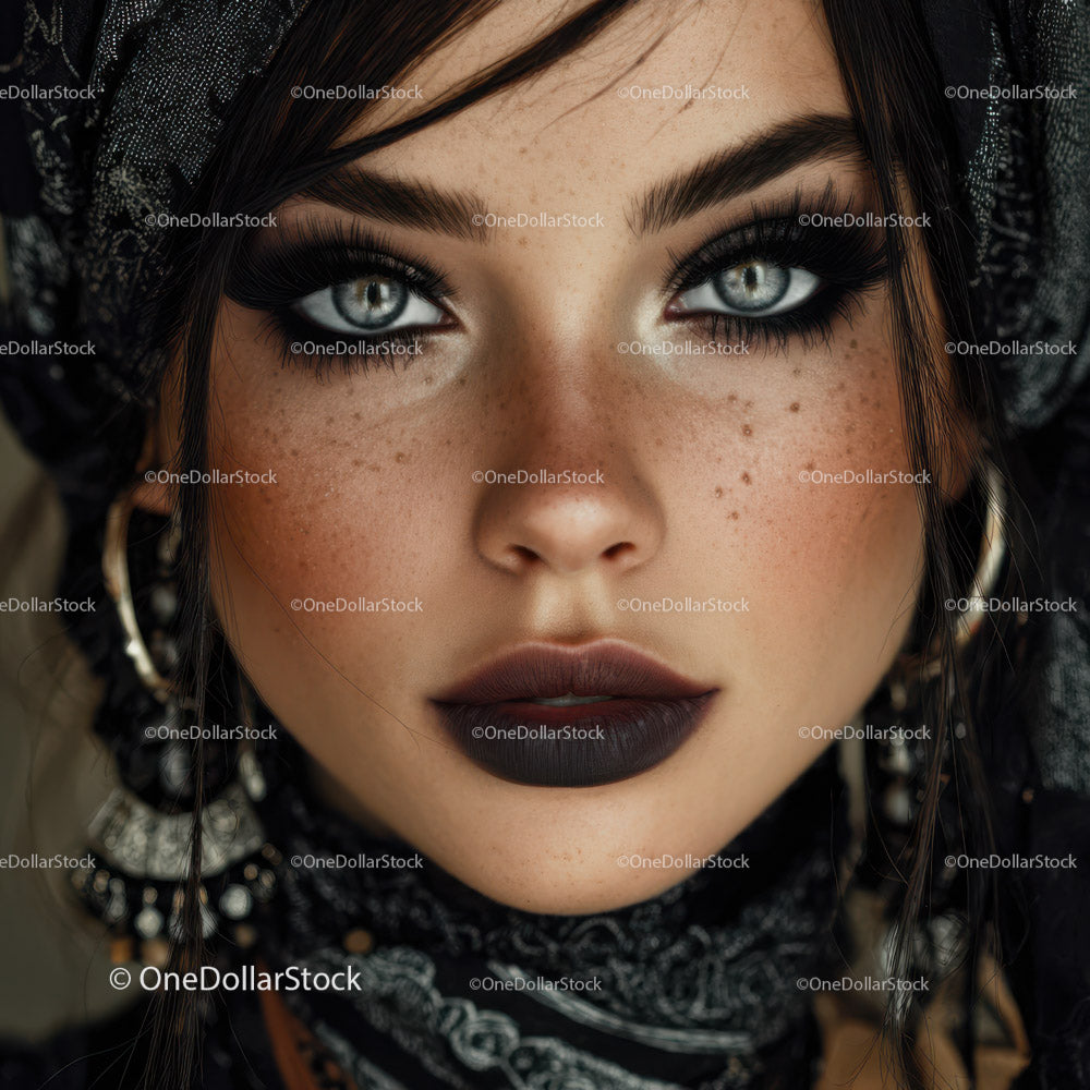 Close-up Portrait of a Woman with Blue Eyes and Dark Makeup