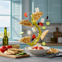 Fresh Mediterranean salad ingredients flying over bowl