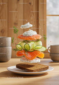 Fresh salmon sandwich with creamy dill sauce and cucumber