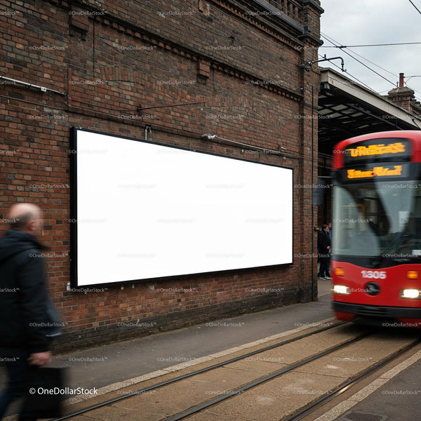 Blank billboard on brick wall near tram station JPG Mockup Image