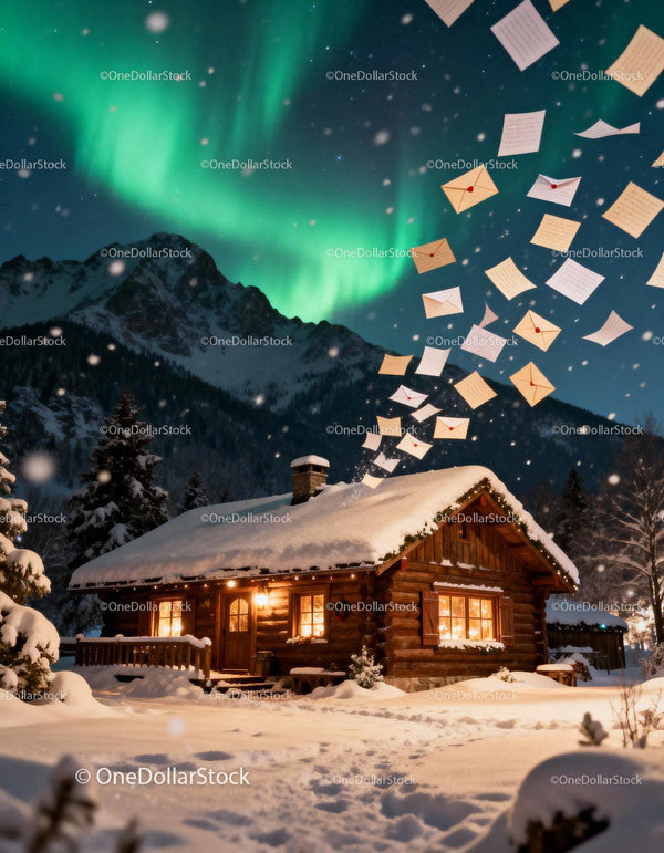 Cozy winter cabin with flying letters under northern lights