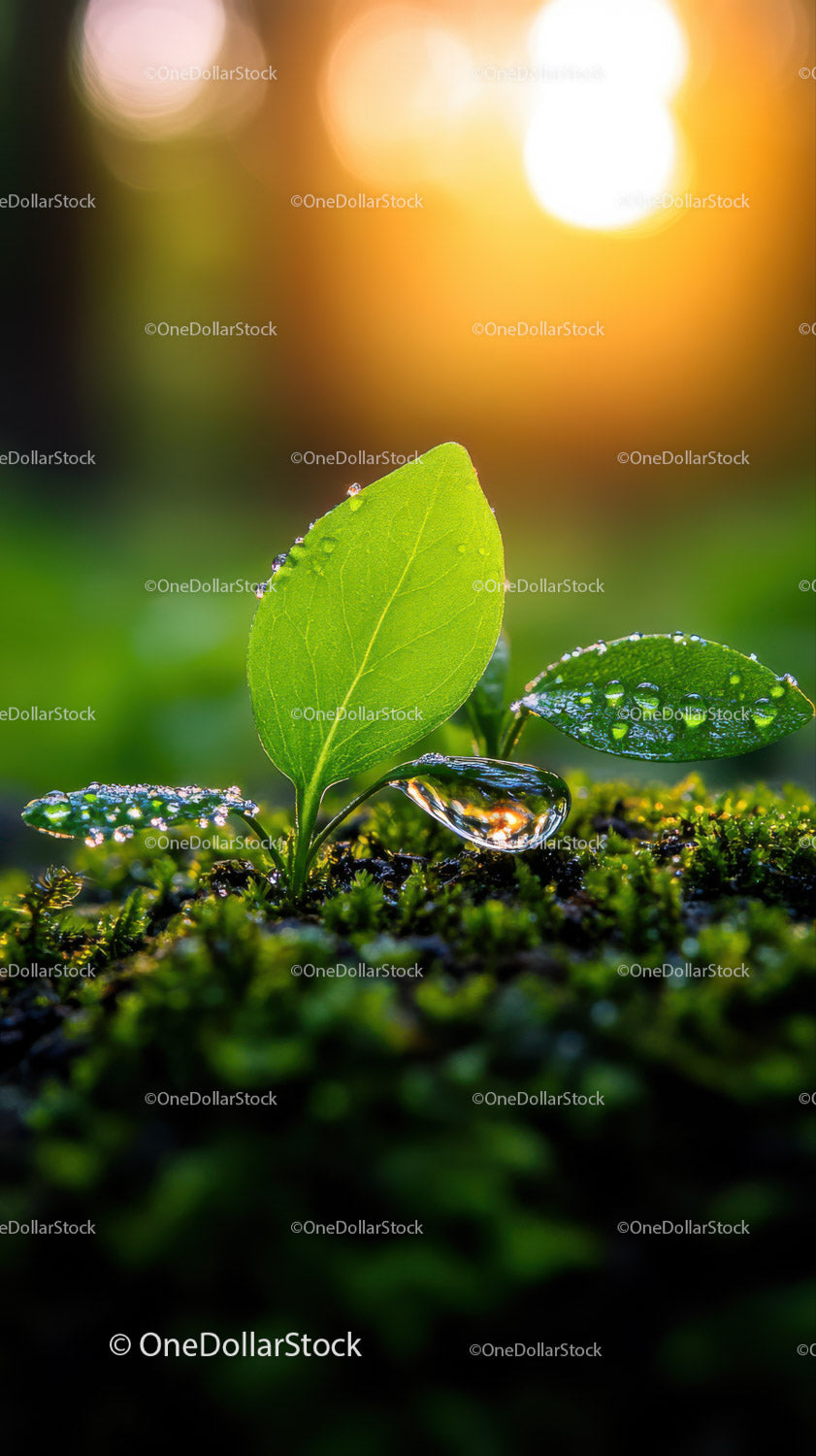 Fresh Green Seedling with Dew Drops in Natural Soil Landscape