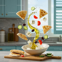 Mediterranean salad ingredients floating with olive oil swirl