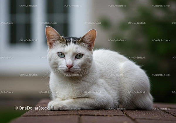 Calm white cat resting on outdoor brick surface