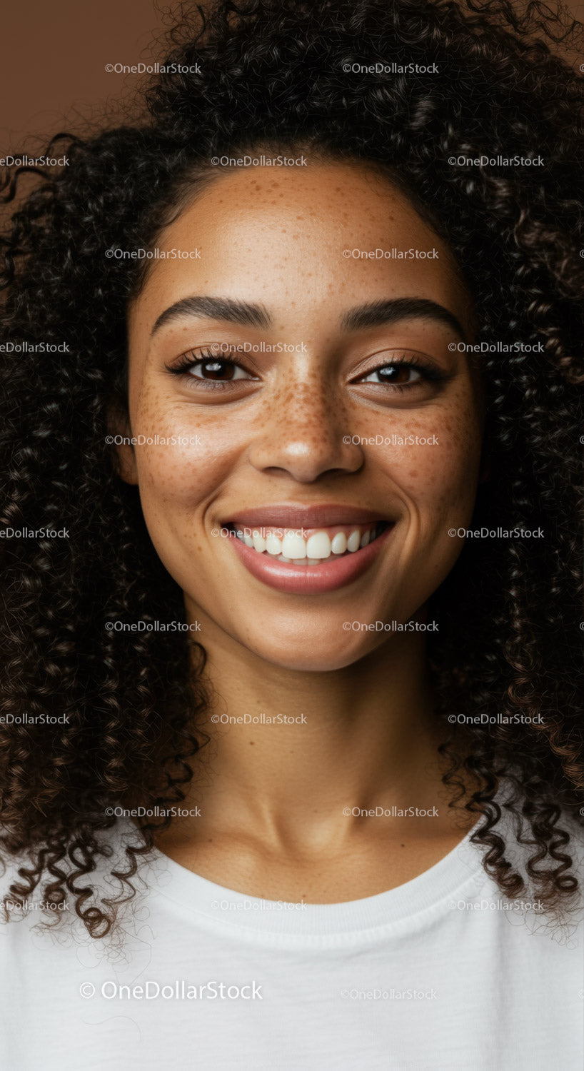 Close-Up of HappyYoung Woman with Curly Hair and Freckles