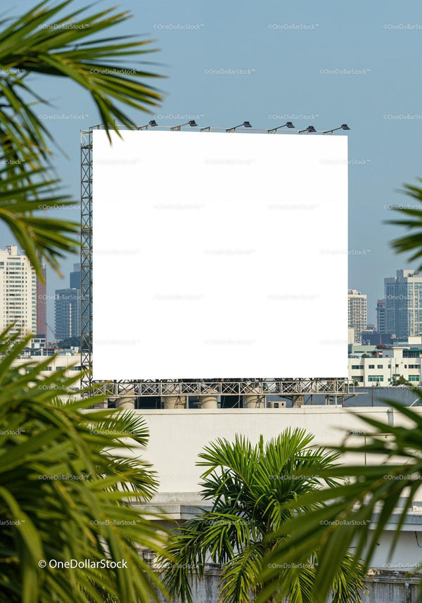 Empty Urban Billboard Framed by Tropical Palm Leaves JPG Mockup Image