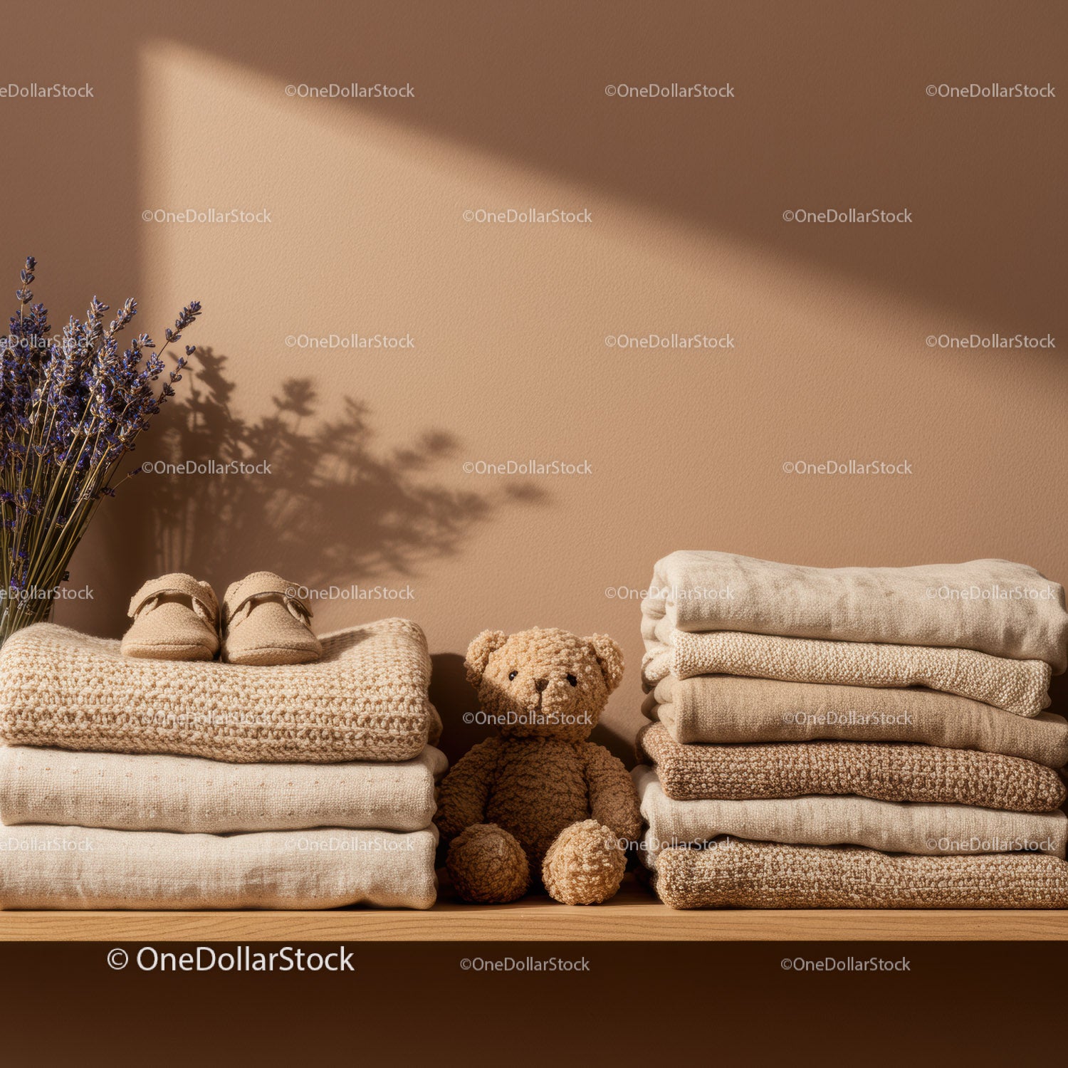 Cozy neutral baby clothes and teddy bear on shelf