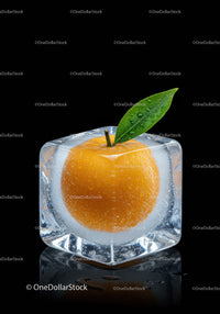 Fresh Orange Encased in Transparent Ice Cube