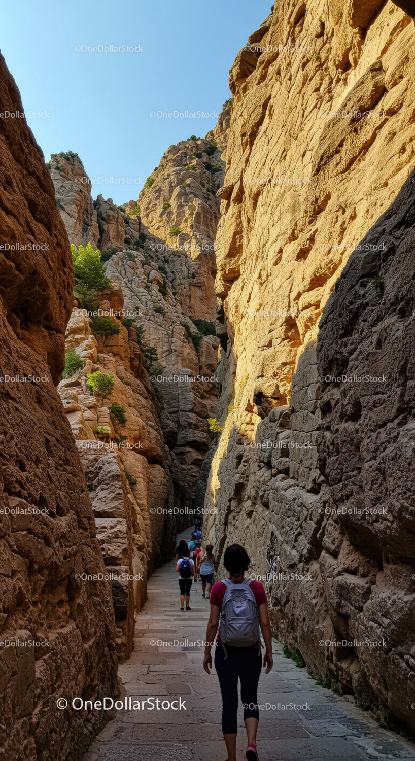Scenic Mountain Canyon Passage with Rock Formations and Hikers