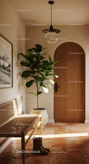 Cozy entryway with wooden door and indoor plant