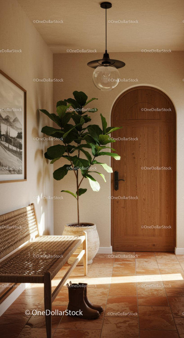 Cozy entryway with wooden door and indoor plant