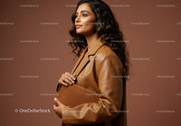 Elegant Woman Wearing Brown Leather Jacket Holding Folder