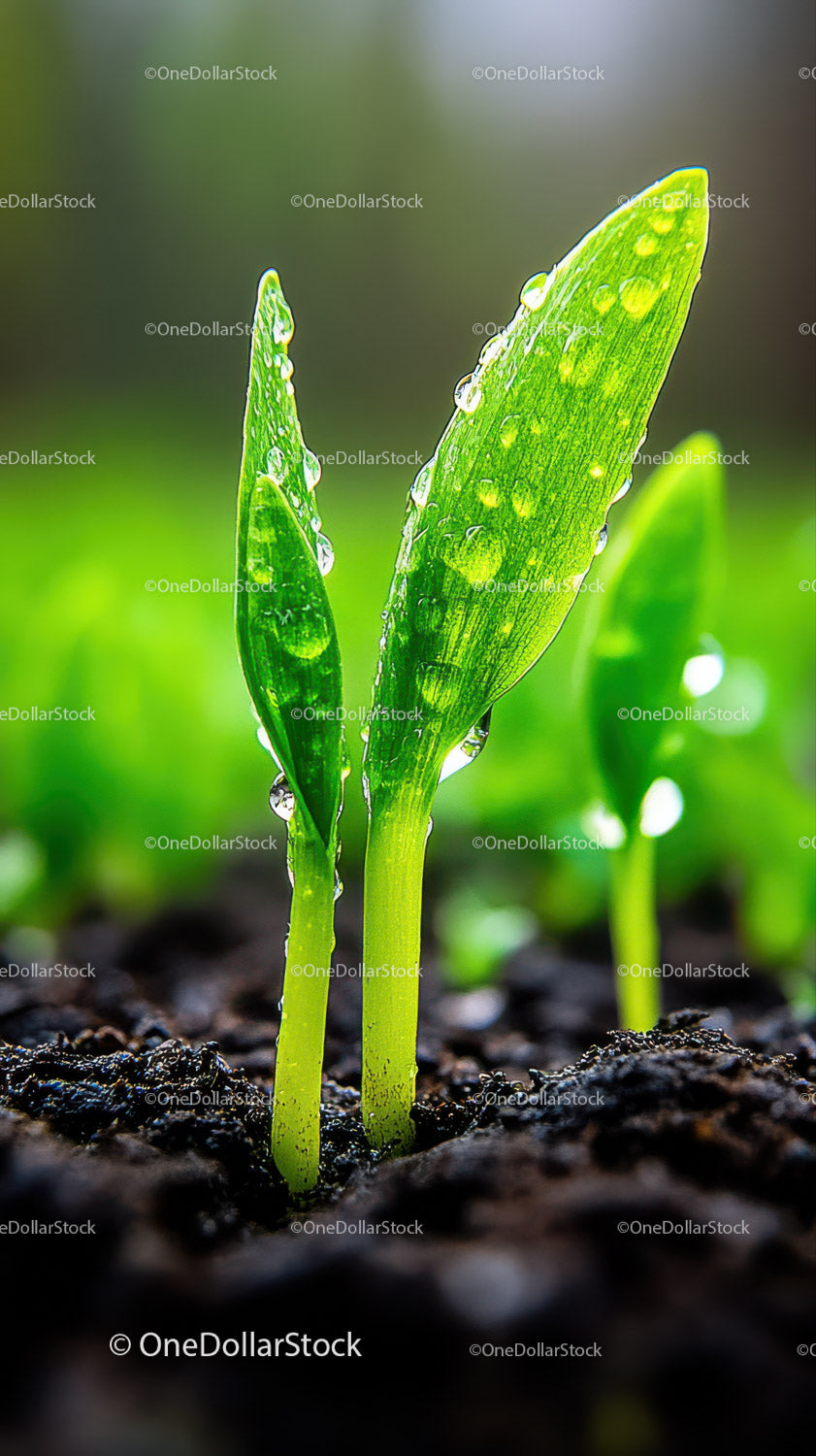 Fresh Green Seedling with Dew Drops in Natural Soil Landscape