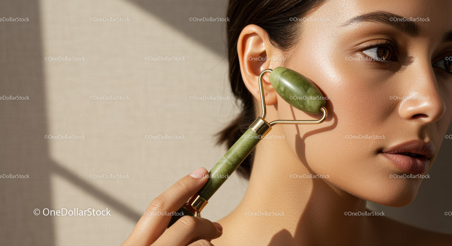 Close-up of a woman using a jade roller for facial massage and skincare