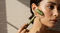 Close-up of a woman using a jade roller for facial massage and skincare